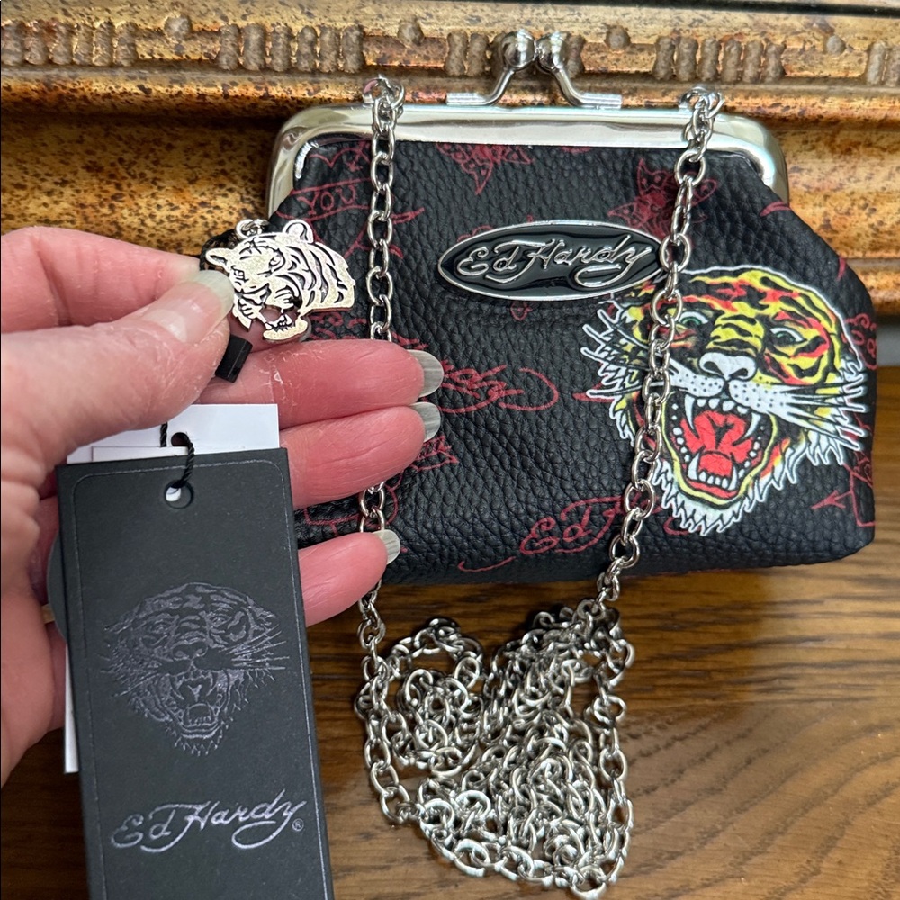 Ed Hardy Black/Red Coin Purse with Tiger and silver chain handle. Tiger charm.